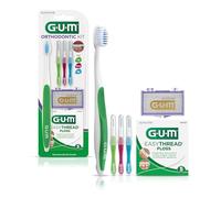 GUM - Kit orthodontique 124KK - Brosse à dents orthodontique, 3 tailles Proxabrush, fil dentaire EasyThread et cire orthopédique à la menthe