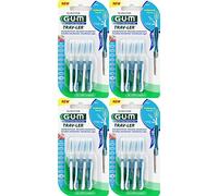 GUM - Lot de 4 brosses à dents de voyage cylindriques bleues et rouges, douces, antibactériennes, portables et jetables