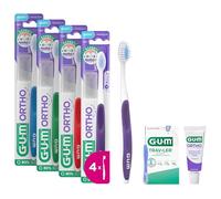 GUM ORTHO Brosse à Dents Manuelle | BRINS doux en forme de V | Pour le nettoyage des appareils orthodontiques | Manche antidérapant | Capuchon de voyage | 4x1 pièces (avec 2 échantillons bonus)