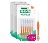 GUM TRAV-LER brossettes interdentaires | nettoyage en profondeur entre les dents | manche pliable | élimination de la plaque dentaire | 0.9mm, ISO 2 | Taille S | Lot de 3x6