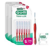 GUM TRAV-LER brossettes interdentaires | nettoyage en profondeur entre les dents | manche pliable | élimination de la plaque dentaire | 0.8mm, ISO 1 | Taille S | Lot de 3x6 (+ 1 échantillon gratuit)