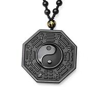 GUMEI Collier en Obsidienne Noire Chinois Ying Yang Huit schémas amulette Pendentif Bijoux
