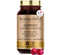 Gummies Cheveux et Ongles - Biotine, Zinc, Vitamines B6, B9, C, D3, E - 60 Gummies Sans Sucres - Croissance cheveux, Fortification, cheveux Brillants - Goût Myrtille Framboise - Fabriqué en France