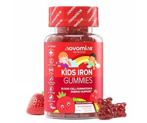 Gummies Fer Enfant - 2,5 mg Fer + Vitamine C 12 mg - Immunité, Croissance, Fatigue - Vegan, Sans Gluten, Sans Gélatine - 30 Gommes Goût Fraise - Complément Mâchable - Novomins