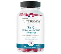 Gummies ZINC avec Biotine et Sélénium | Pousse des Cheveux et des Ongles | Beauté de la Peau | 60 Gommes Framboise Sans Sucre (ni gélules ni comprimés) | Cure 30 jours | Made in France | Terravita