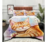Gumntun Couette 160x200 cm Chat Orange Cartoon, Célibataire Couverture Microfibre Imprimée Lavable en Machine, Parure de Lit 4 Saisons Légère Chaud avec 2 Taies d'oreiller_21143a