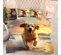 Gumntun Couette 160x200 cm Chien Au Bord de La Mer, Célibataire Couverture Microfibre Imprimée Lavable en Machine, Parure de Lit 4 Saisons Légère Chaud avec 2 Taies d'oreiller