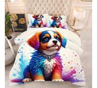 Gumntun Couette 160x200 cm Chien Coloré, Célibataire Couverture Microfibre Imprimée Lavable en Machine, Parure de Lit 4 Saisons Légère Chaud avec 2 Taies d'oreiller f475