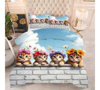 Gumntun Couette 160x200 cm Quatre Chatons, Célibataire Couverture Microfibre Imprimée Lavable en Machine, Parure de Lit 4 Saisons Légère Chaud avec 2 Taies d'oreiller