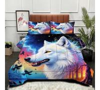 Gumntun Couette 200 x 200 cm Jeune Loup Blanc Coloré, Couette sans Housse 2 Personnes en Microfibre, Couette Tempérée Douceur Lavable en Machine mit 2 Taies d'oreiller 65 x 65 cm_22230a