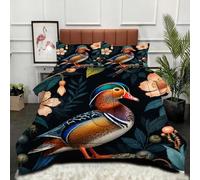 Gumntun Couette 4 Saisons 140x200 Canards Mandarins Fleurs Bleues, Couverture en Microfibre1 Personne Lavage en Machine, Parure de Lit Respirante et Couverture avec 2 Taies d'oreiller 65x65 cm_B10694