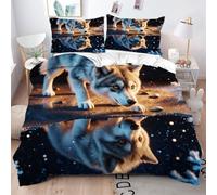Gumntun Housse de Couettes 140x200 cm Jeune Homme Loup Ciel éToilé, Microfibre Convient 3D Parure de Lit pour Garçon Fille Cadeaux, Ensemble de Literie avec Fermeture Éclair et Taie d'oreiller_22090a
