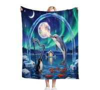 Gumntun Plaid Polaire 200x220 Pingouin Bleu Dauphin, Impression Couverture en Polaire Microfibre, Confortable et Rrespirante Couverture de Lit pour Adultes et Enfants Rester Chaud en Hiver_B9634