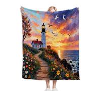 Gumntun Plaid Polaire 220x240 cm Adulte Fleur Phare Mouette, Jacquard 3D Imprimé Jeté de Canapé, Flanelle Chaudes Légères Douce Couvertures pour Adolescents et Adultes_B10505