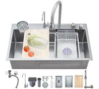 Gun Gray 80x45 cm Modern Stainless Steel Single Bowl Kitchen Sink with Pull-out Spray Faucet & Cup Washer - Multifunctional Waterfall Design & Accessory Set
