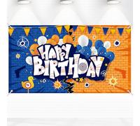 Gun Happy Birthday Toile Fond, Bannière Fond Photo Dart Battle 180x100cm avec Corde Décorations Murales Suspendues Bleues et Jaunes pour Garçons Enfants Fournitures Fête Thème Dart War