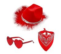 Gungtj Chapeau de Père Noël, chapeau de cowboy, chapeau occidental de fête | 3 lunettes en forme de cœur pour fête de Noël, cowgirl à large bord, accessoires de costume occidental