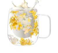 Gungtj Tasses à café double en verre - Tasses à isolation thermique à motif de fleurs séchées - Double couche isotherme en verre transparent avec poignée pour thé, lait, latte, jus