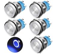 GUNGY Bouton Poussoir Momentané 19mm Interrupteur Poussoir 12V-24V 3A Etanche Interrupteur à Bouton-poussoir en Laiton Chromé avec Lumière LED Anneau Bleu 5 Pièces
