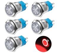 GUNGY Bouton Poussoir Momentané 19mm Interrupteur Poussoir 12V/24V DC 3A Étanche Interrupteur à Bouton-poussoir en Laiton Chromé avec Lumière LED Anneau Rouge 5 Pièces