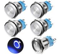 GUNGY Bouton Poussoir Verrouillage 19mm Interrupteur Poussoir 12V-24V 3A Interrupteur Poussoir Etanche Bouton-poussoir en Laiton Chromé avec Lumière LED Anneau Bleu 5 Pièces