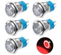 GUNGY Bouton Poussoir Verrouillage 19mm Interrupteur Poussoir 12V/24V DC 3A Étanche Interrupteur à Bouton-poussoir en Laiton Chromé avec Lumière LED Anneau Rouge 5 Pièces
