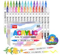 Gunsamg 60 Couleurs Feutre Acrylique ,30 Pièces Stylos Peinture Acryliques à Double Pointe - Acrylic Paint Markers pour Bois, Toile, Verre, Céramique with 0.5-4.5MM Brush Tip