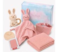 guobinZH Coffrets Cadeaux pour Bébé 7 en 1 Bebe Coffret Naissance Personnalisé mit Serviette de Bain Bavoirs Hochet Lapin et Cartes de Jalons Emballage Cadeau pour Bébé Fille ou Garçon-Rose
