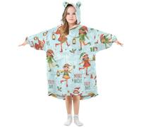 GuoChe Couverture à capuche surdimensionnée en flanelle | Pour enfants avec grande poche de 3 à 14 ans, lutin coloré bleu clair de Noël