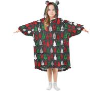 GuoChe Couverture à capuche surdimensionnée en flanelle | Pour enfants avec grande poche de 3 à 14 ans - Sapins de Noël joyeux avec carreaux de buffle et léopard
