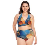 GuoChe Ensemble bikini grande taille pour femmes, bretelles réglables à nouer, maillot de bain deux pièces L, Marbre Orange Bleu Royal, L plus
