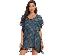 GuoChe Fantasy Blue and Bronze Dragon Scale Texture Seamless Metallic Reptile Pattern Womens Maillot de bain Cover Ups Dress Beach, Texture écailles de dragon fantaisie bleu et bronze, Taille M