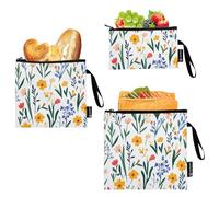 GuoChe Lot de 3 sacs à goûter et à sandwich réutilisables pour filles - Motif floral coloré - Blanc - Pour voyage, organisation à la maison