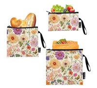 GuoChe Lot de 3 sacs à goûter réutilisables et imperméables pour le travail, le bureau, les voyages, les pique-niques - Motif fleurs vintage - Beige rustique