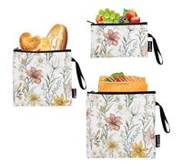 GuoChe Lot de 3 sacs à goûter réutilisables étanches avec fermeture éclair pour enfants, étudiants, adultes - Motif fleurs printanières - Blanc rustique