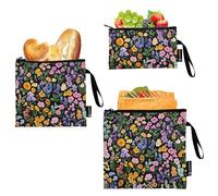 GuoChe Lot de 3 sacs à sandwich réutilisables et imperméables pour filles Motif fleurs rustiques Noir