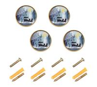 GuoChe Lot de 4 boutons de placard ronds - Un chariot hanté est tiré par des chevaux noirs à travers une rue brumeuse - Boutons de placard décoratifs dorés pour armoire - 32 mm