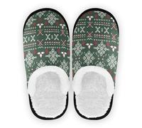 GuoChe Pantoufles de maison en polaire corail avec semelle en caoutchouc antidérapante pour spa, hôtel, chambre à coucher, bureau, voyage, yoga M, Flocon de neige de Noël vert foncé blanc rouge