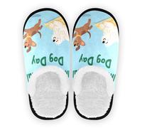 GuoChe Pantoufles de maison en polaire pelucheuse avec semelle antidérapante douce et chaude pour chambre à coucher, bureau, voyage, yoga M, Dessin animé Happy Dogs, Large