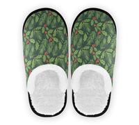 GuoChe Pantoufles de maison légères en polaire corail avec semelle en caoutchouc antidérapante pour hôtel, voyage, chambre à coucher, avion ou fête - Taille M, Sapin de Noël vert foncé houx et baies