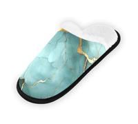 GuoChe Pantoufles douces et antidérapantes pour chambre à coucher, hôtel, voyage, spa, bleu sarcelle, vert, doré, marbre veiné