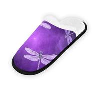 GuoChe Pantoufles douces et antidérapantes pour chambre à coucher, hôtel, voyage, spa, jolies lignes noires artistiques, libellules sur galaxie violette, Pretty Black Line Art Libellule Trails sur une
