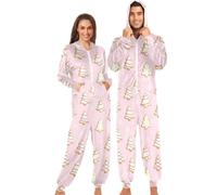 GuoChe Pyjama d'intérieur pour adulte avec ourlets resserrés et fermeture éclair intégrale, Biscuit arbre festif rose, XL