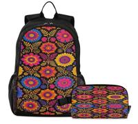 GuoChe Sac à dos d'école avec sac à déjeuner pour enfants Sac à dos pour ordinateur portable | Art populaire mexicain motif floral sans couture fleur multicolore vive