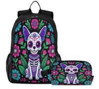 GuoChe Sac à dos d'école avec sac à déjeuner pour enfants Sac à dos pour ordinateur portable | Avion de chasse Mer Créature Bouche Warbird Nez Art Chihuahua Sucre Crâne Mexique Chien Calavera Dia De Los Muertos