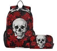 GuoChe Sac à dos d'école avec sac à déjeuner pour enfants Sac à dos pour ordinateur portable | Red Web Lys Fleur Crâne Squelette Anime Japonais Otaku