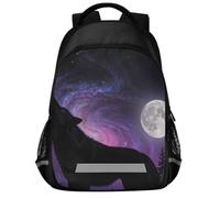 GuoChe Sac à dos d'école pour ordinateur portable pour enfants | Avec bande réfléchissante 43,2 cm loup hurlant pleine lune violet spirale galaxie astronomie