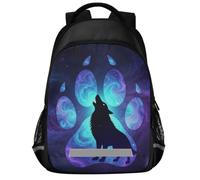 GuoChe Sac à dos d'école pour ordinateur portable pour enfants | Avec bande réfléchissante 43,2 cm Motif pattes de loup galaxie loups solitaires sauvages étoiles lune loup