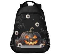 GuoChe Sac à dos d'école pour ordinateur portable pour enfants | Avec bande réfléchissante - Décoration d'Halloween effrayante de 43,2 cm avec motif de toile et citrouille noire