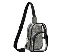 GuoChe Sac de poitrine transparent en PVC polyester - Taille compacte - Sangle réglable - Plusieurs poches - Grande poche principale visible, Texture de plumes d'autruche brun grisâtre sans couture